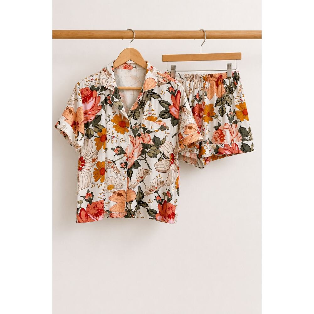 Day of Bloom Floral Rayon Pajama Set Medium Button Up Shorts Lounge Sleepwear